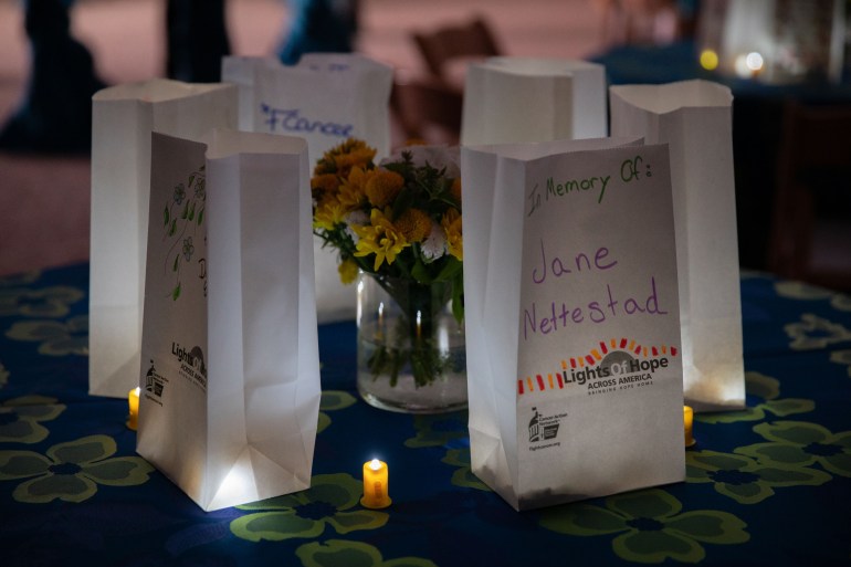 Common-ground-cancer-08 An up-close photograph of white paper bags with messages of hope and remembrance for people with cancer.